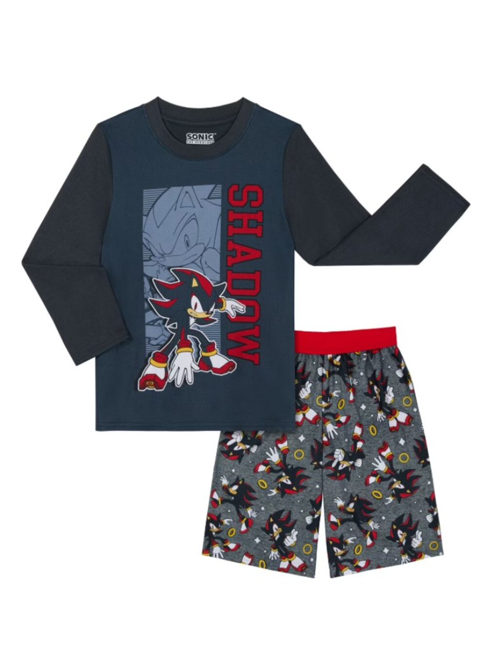 Sonic The Hedgehog Shadow Boys Long Sleeve Sleep Top and Shorts Pajama Set New